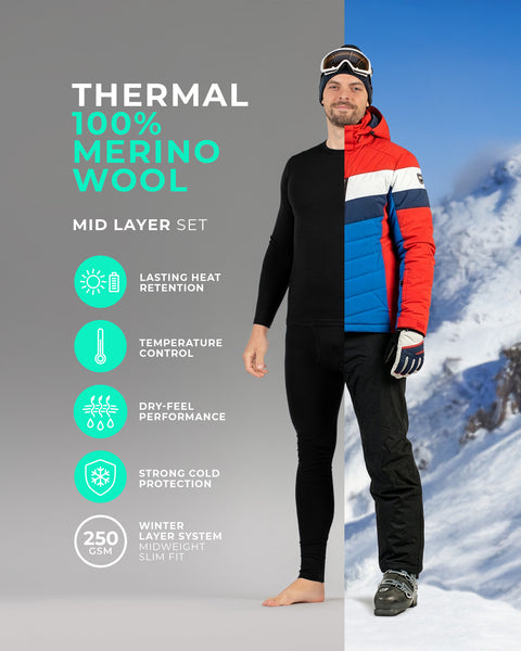 Man wearing a black 100% merino wool mid layer set in a split indoor and alpine scene, highlighting midweight warmth, strong cold protection, and winter layering performance.