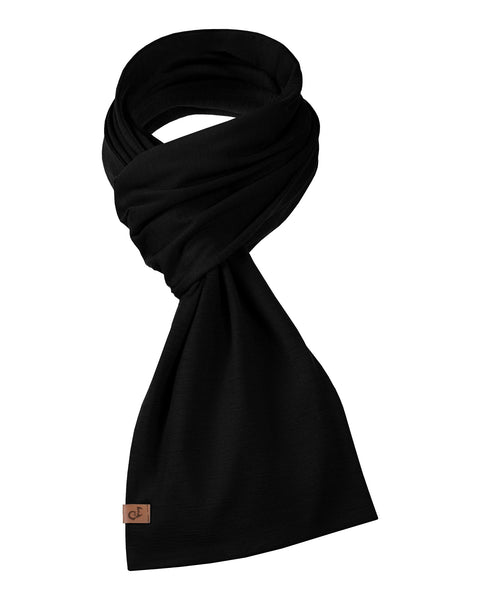 Unisex black Merino wool scarf folded in a stylish knot, with small logo tag.