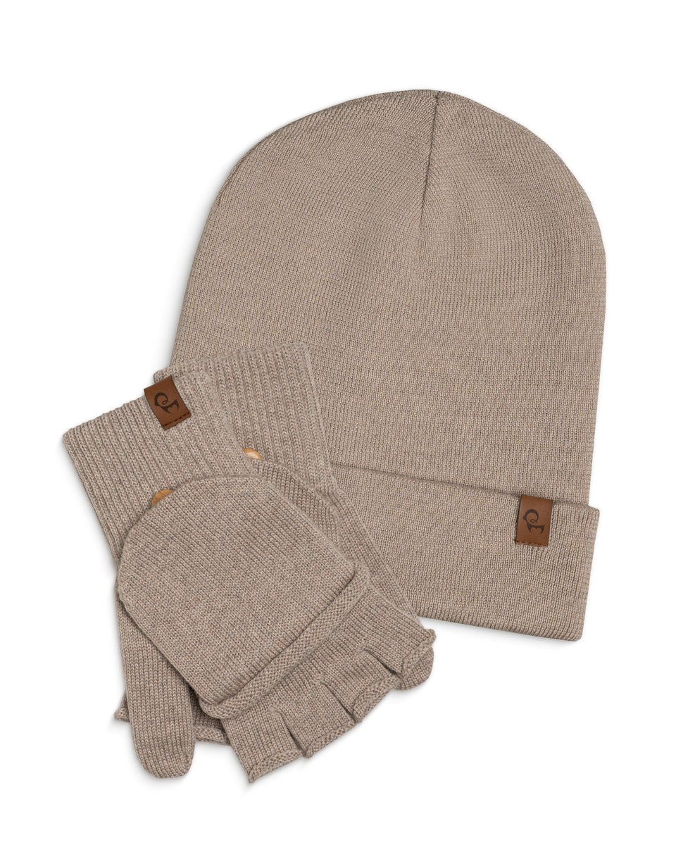 mütze und handschuhe beige 100% Merinowolle wandelbares Handschuh- und Mützenset für Damen ❤️ menique