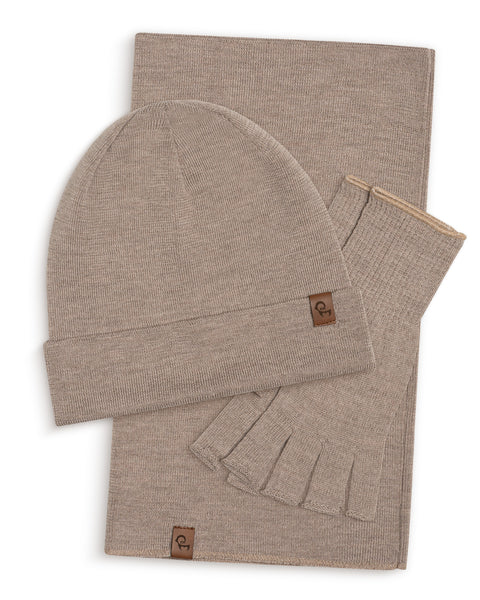 Creamy Beige menique knit beanie, neck gaiter, and fingerless gloves set on a white background