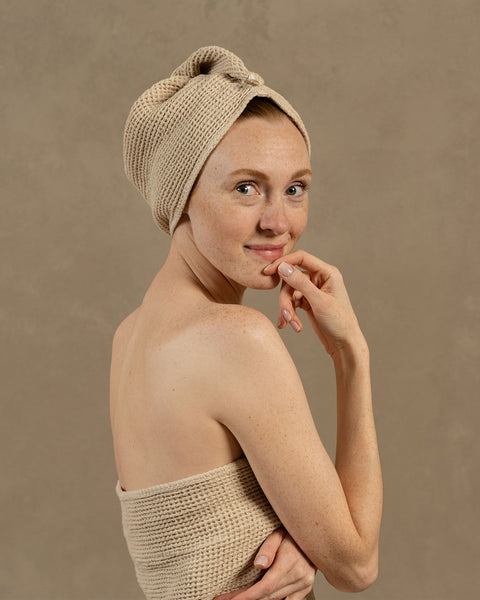Waffle Hair Towel in sand brown