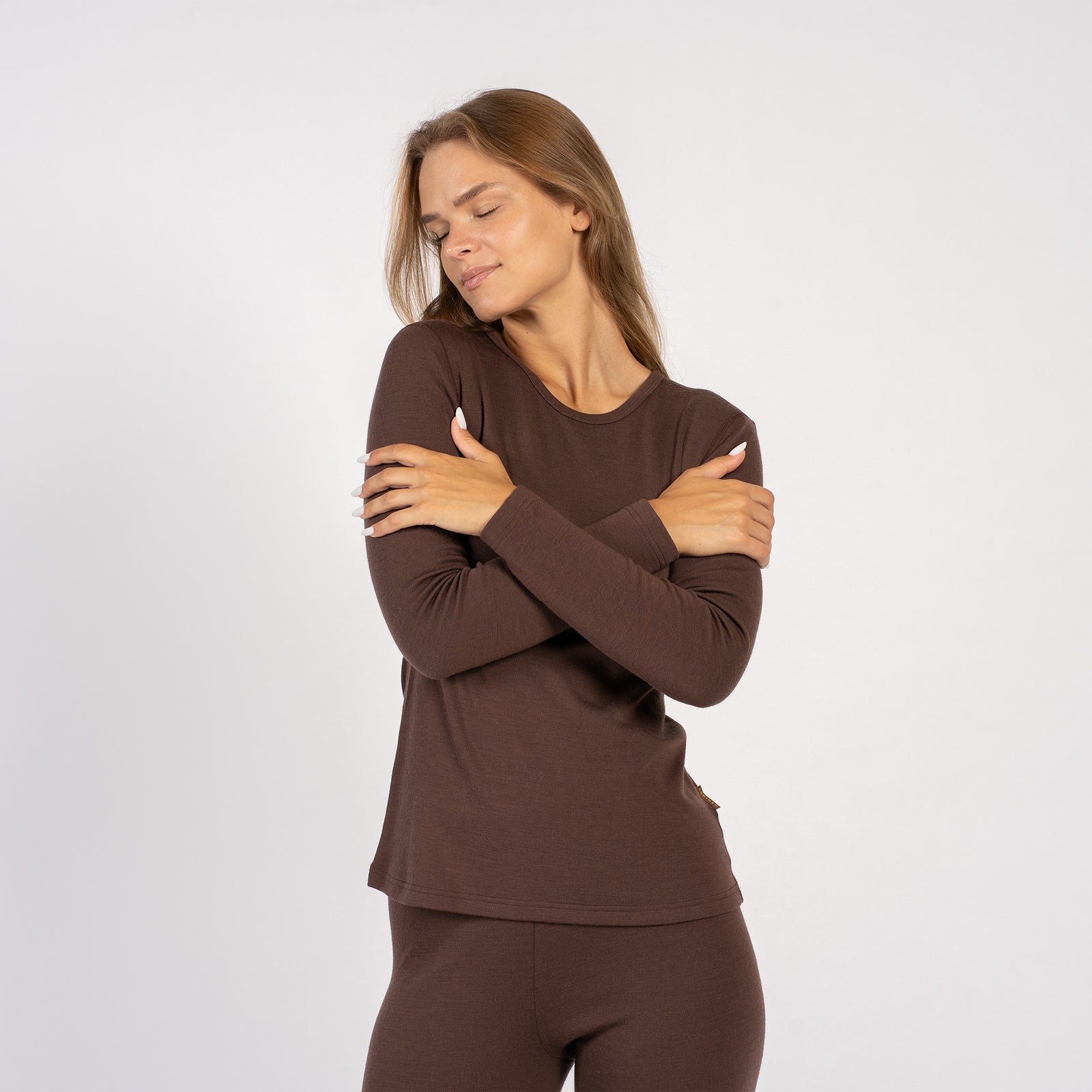 Brown Merino wool thermal base layer set, soft fabric and slim fit design.