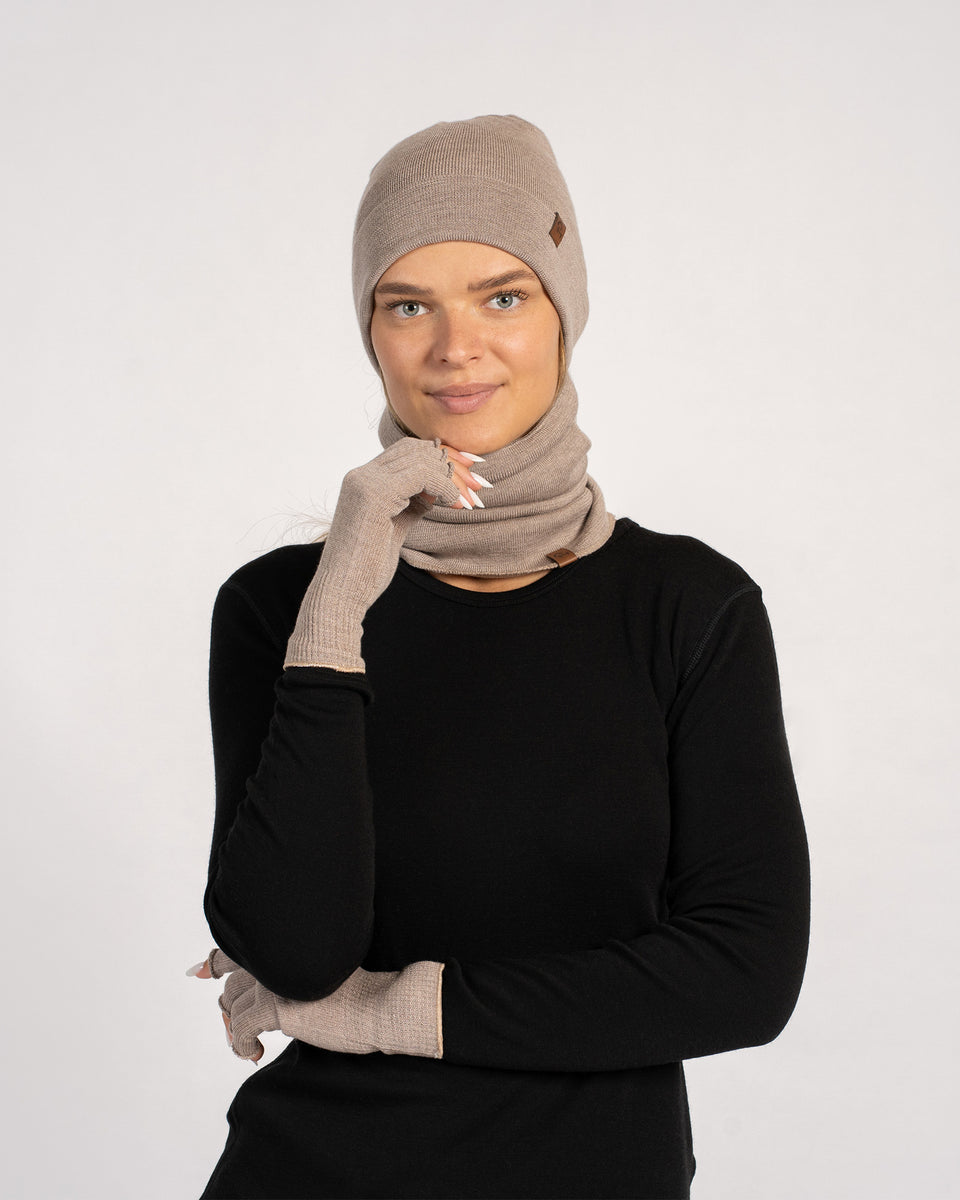 Damen Merino Liner Schlauchschal, Mütze & Handschuhe Set ❤️ menique