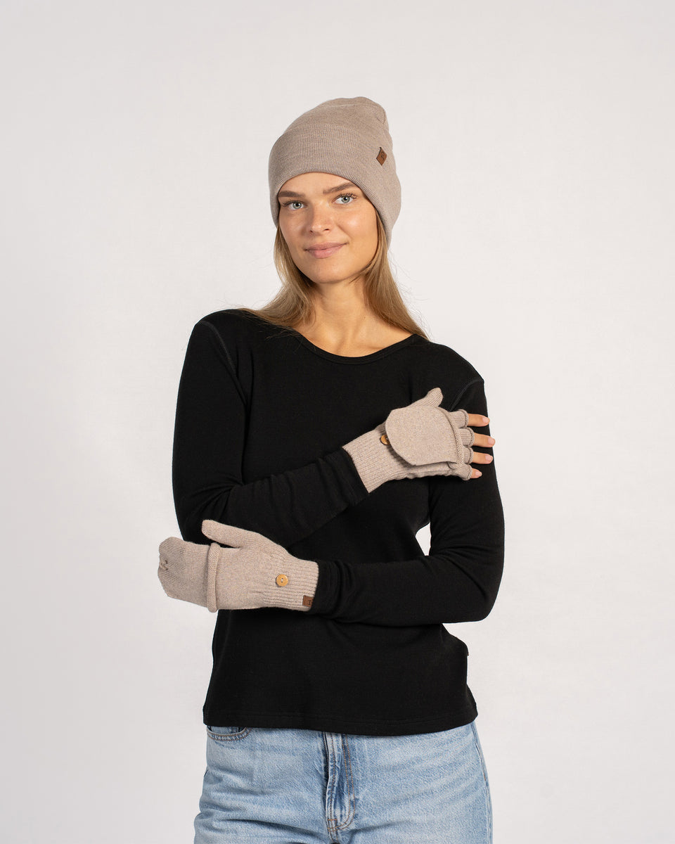 mütze und handschuhe beige 100% Merinowolle wandelbares Handschuh- und Mützenset für Damen ❤️ menique