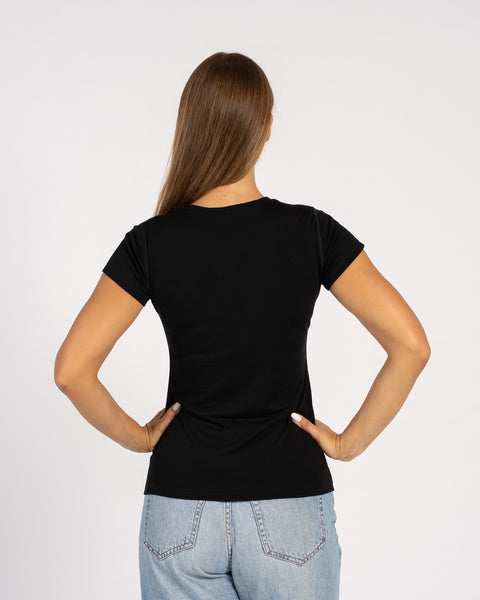 Back view of a black women’s Merino wool V-neck short sleeve T-shirt.