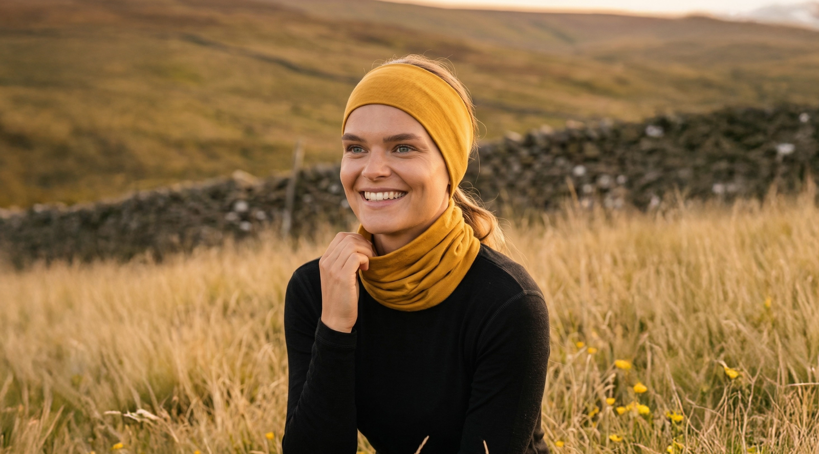A woman kneels in a grassy field smiling brightly while wearing a mustard yellow headband and a matching neck gaiter. She pairs these accessories with a long-sleeve black top against a backdrop of rolling hills and a stone wall.