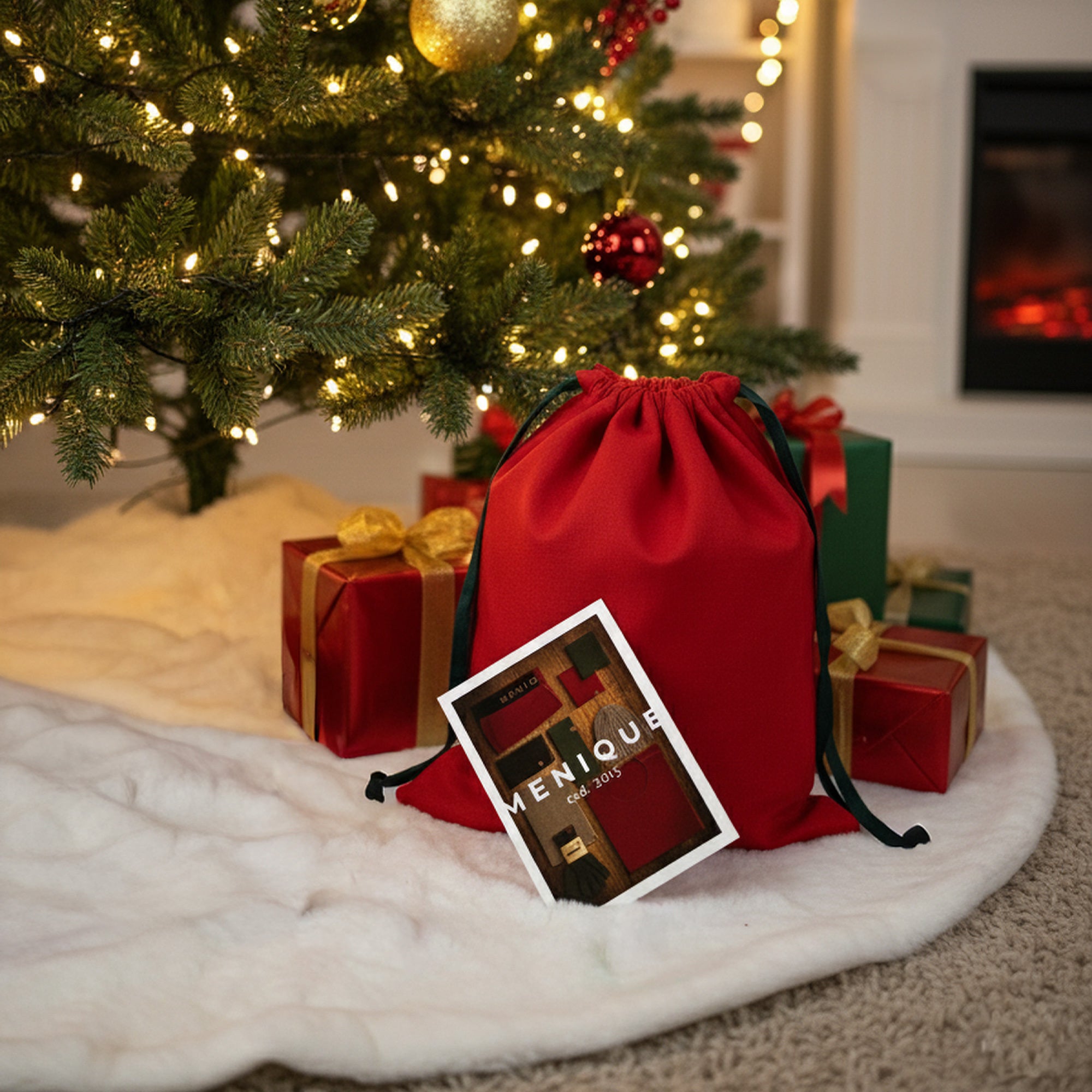 Red drawstring bag on a wooden table with a Christmas tree and fireplace in the background