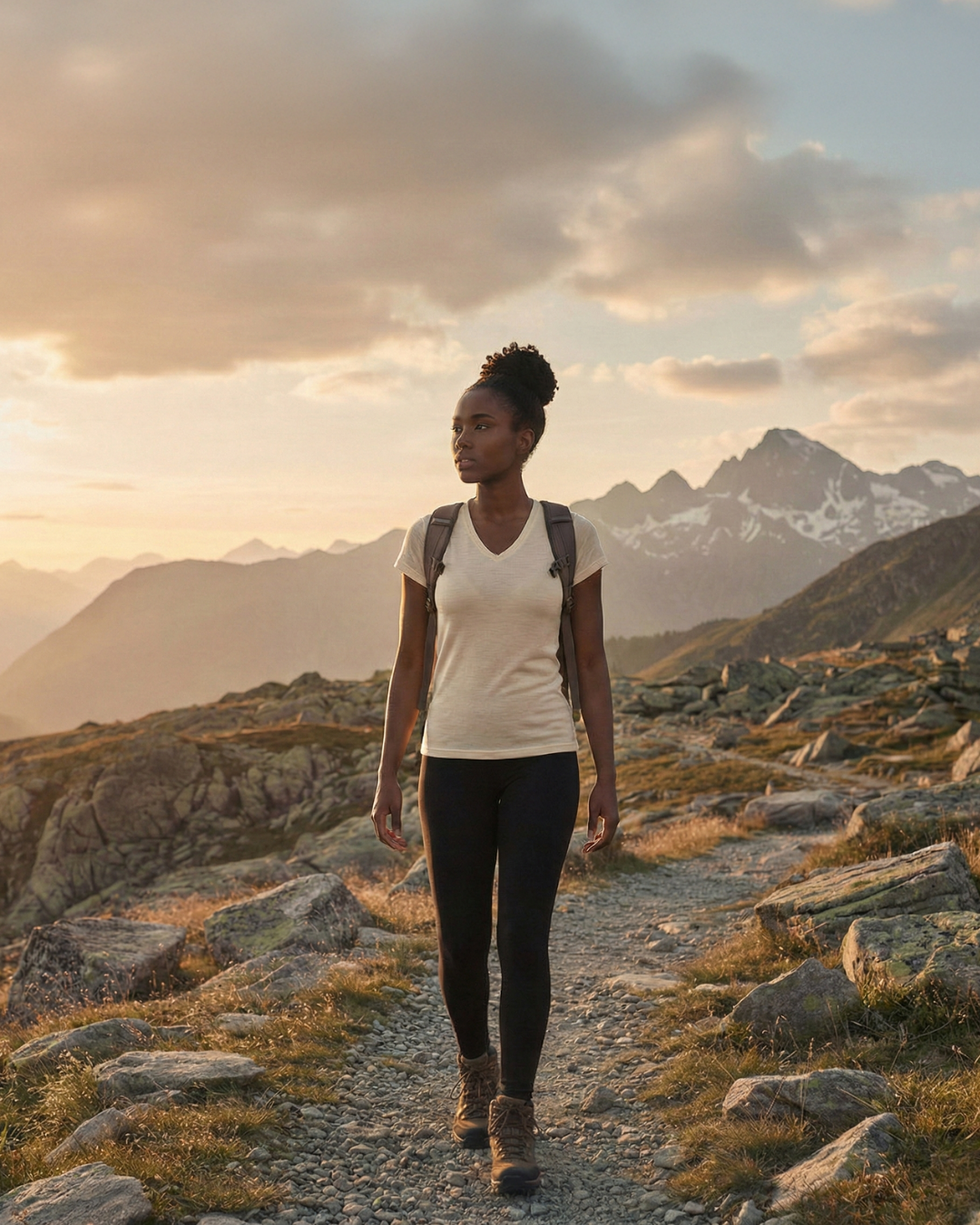 Woman hiking on a mountain trail at sunset wearing a light merino wool T-shirt, leggings, and backpack, showcasing breathable everyday outdoor wear.