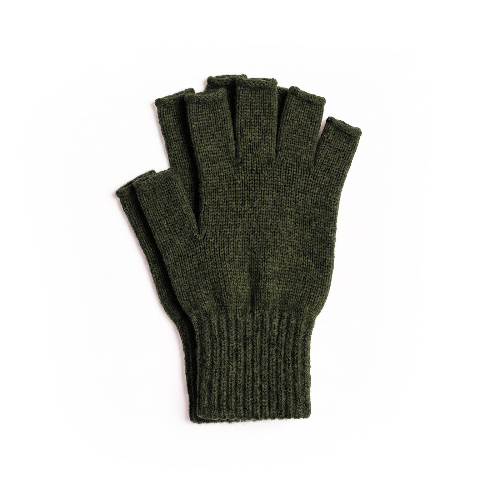 A pair of black knit fingerless gloves laid flat against a white background.