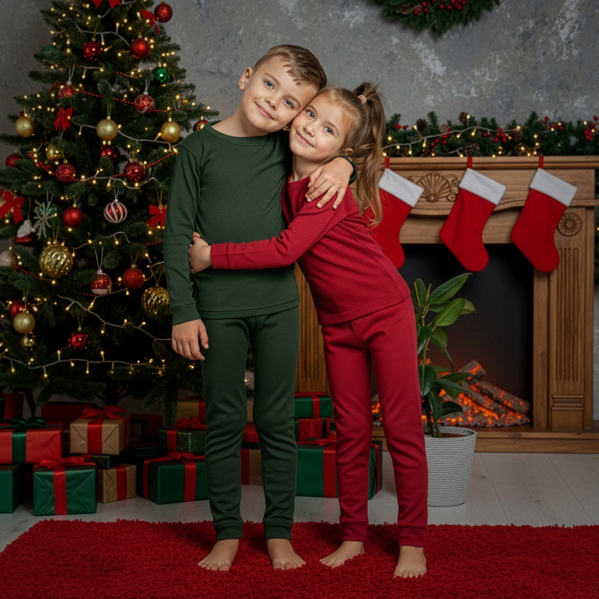 Two children hugging in front of a Christmas tree and fireplace.