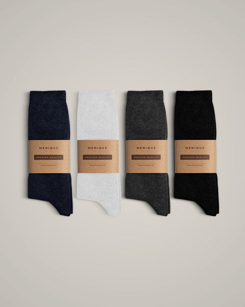The menique men&#39;s combed cotton crew socks in all available colors, with packaging.