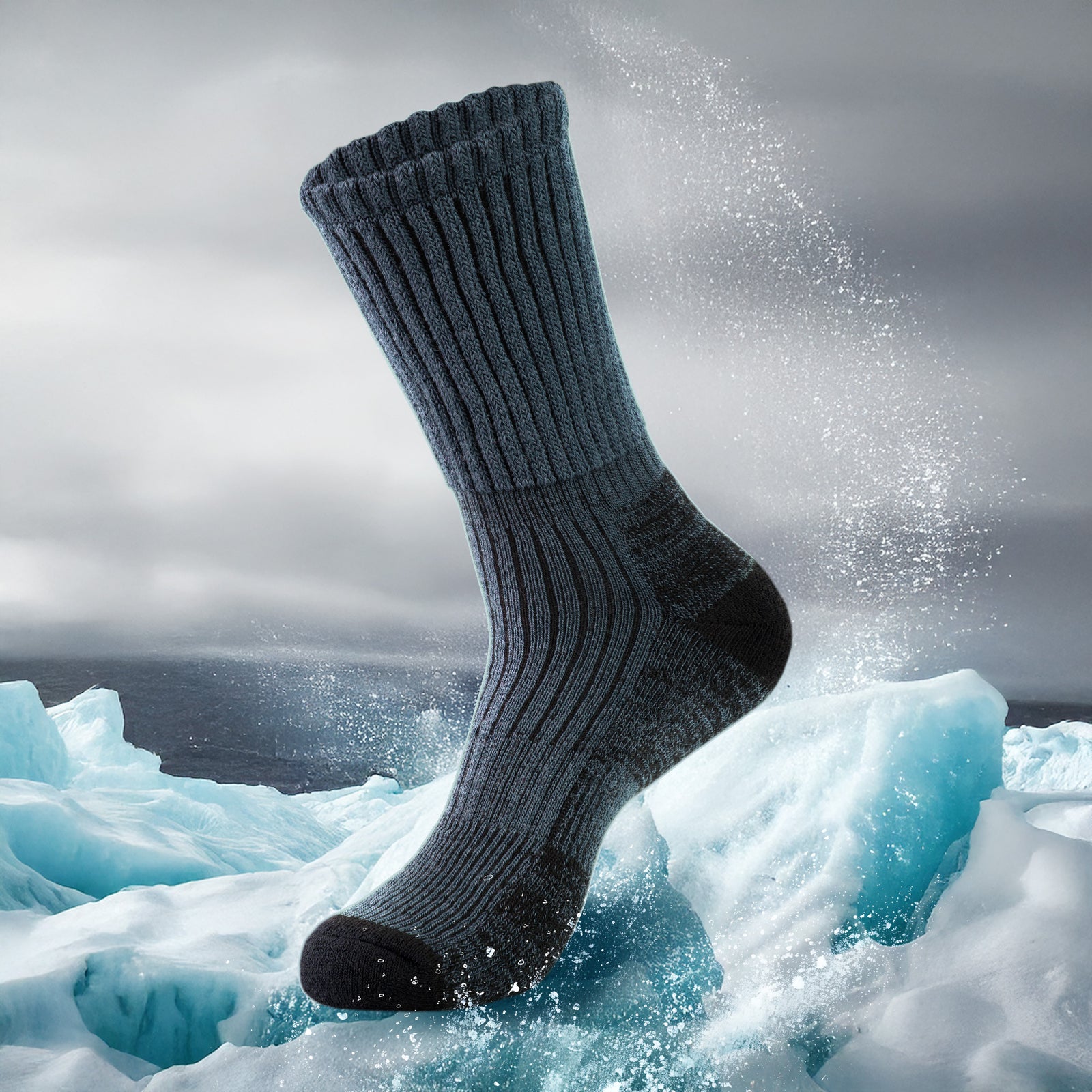 Dark Green sock with black toes and heels on a rocky surface with autumn foliage in the background