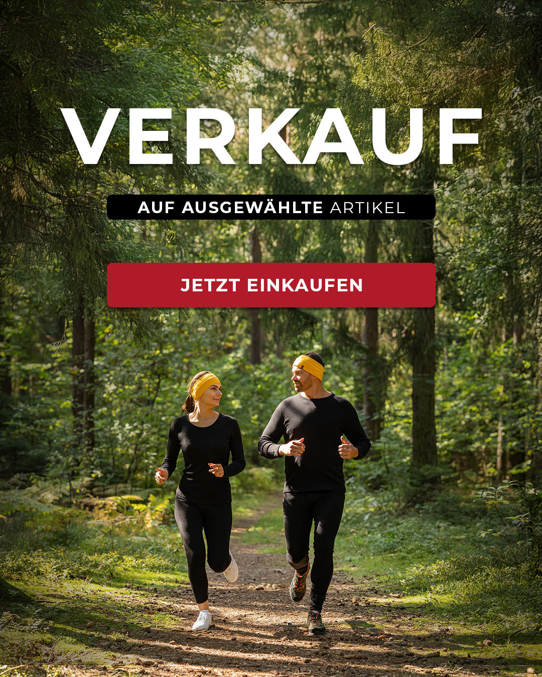An advertisement featuring two people running in a forest, with the text "VERKAUF AUF AUSGEWÄHLTE ARTIKEL JETZT EINKAUFEN" displayed.


