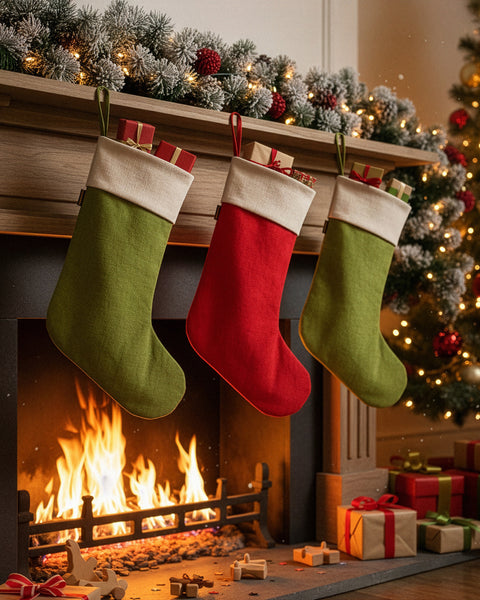 Three Christmas stockings hanging above a fireplace with a decorated tree in the background.