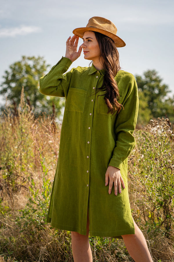 Linen Oversize Shirt Dress Margo Forest Green