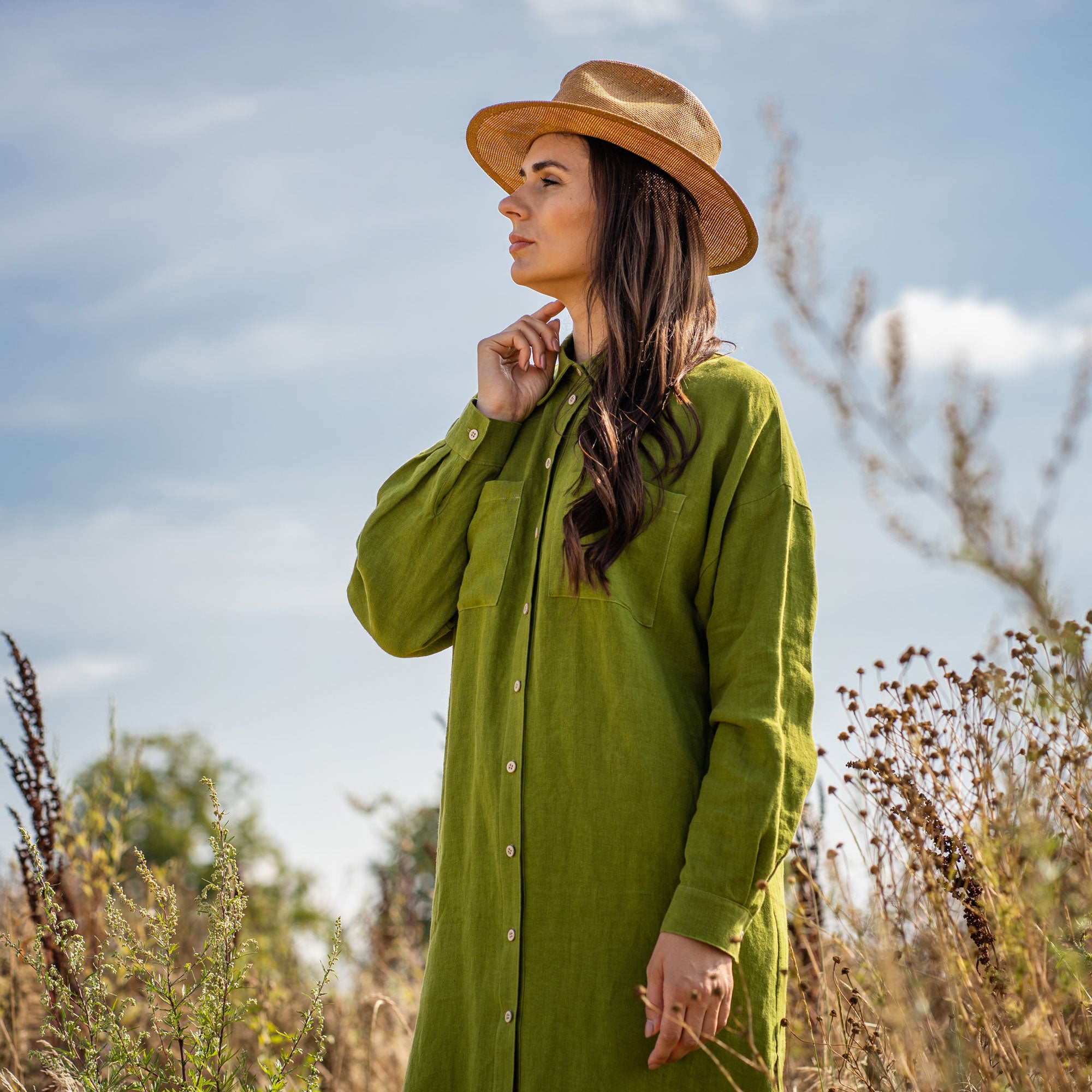 Linen Oversize Shirt Dress Margo Forest Green