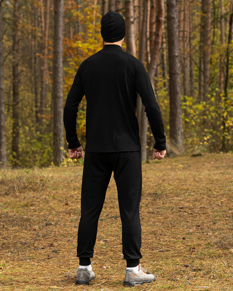 Men&#39;s Merino 250 Set of Zip Neck Top &amp; Jogger Sweatpants Black