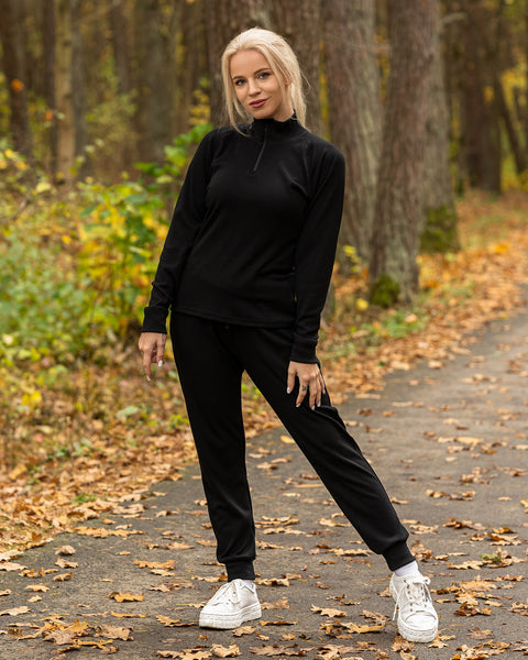 Women&#39;s Merino 250 Set of Zip Neck Top &amp; Jogger Sweatpants Black