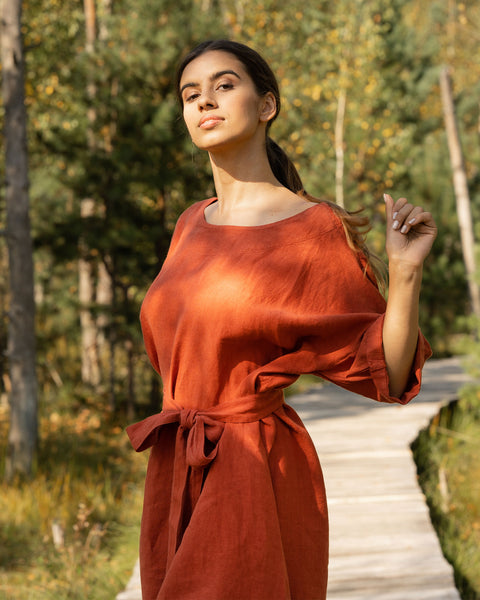 Linen Oversize Dress Olivia Cinnamon Red